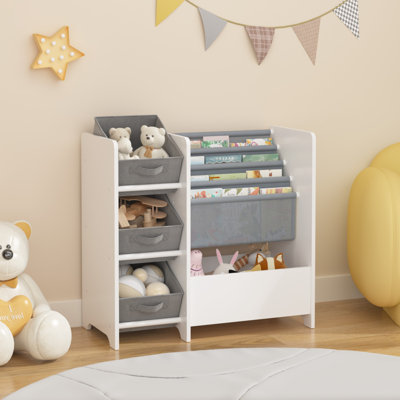 Kids Toy and Book Storage Organizer, 4‑Tier Children Bookshelf with Fabric Storage Bins, Multi‑Purpose Kids Bookcase Toy Storage Cabinet for Playroom