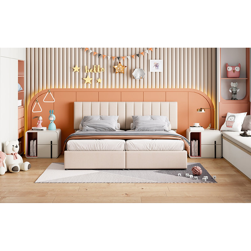 Lit plateforme tapissier avec rangement et tête de lit réglable, Beige, King
