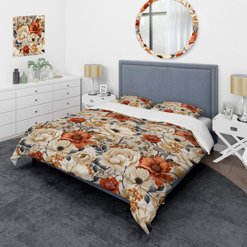 Literie rétro à motif floral rustique brun rétro, Housse de couette pour grand lit et 2 taies décor