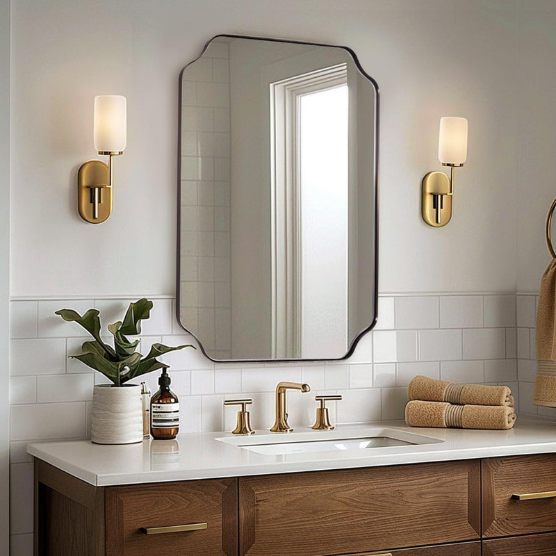 Miroir de salle de bain Modern Cadre en acier inoxydable, 32 po x 24 po, Bronze brossé