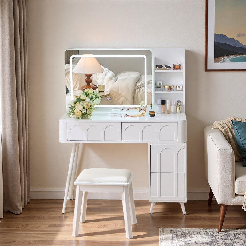 Modern Makeup Vanity Desk Set With Stool, Led Lights & Mirror, 4 Drawers, Unique Fluted Waveform Panels And Open Shelves