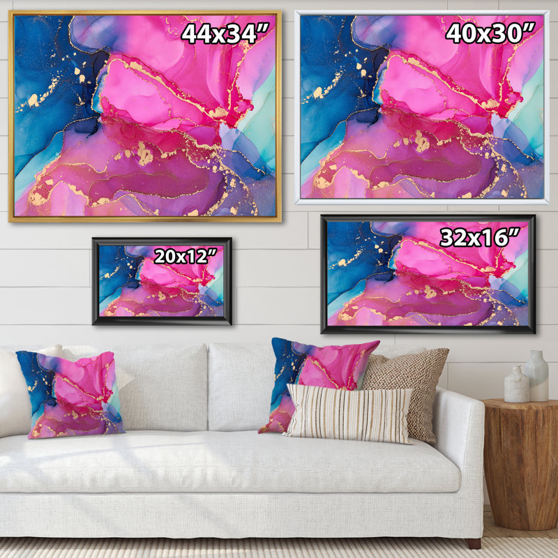 Mauve et rose - Abstrait fluide de luxe - peinture sur toile, Cadre flottant blanc, H 16 po x l 32 po x P 1 po