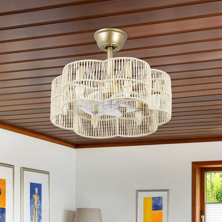 19.7" Hand-Woven Rattan Ceiling Fan with Remote and Light