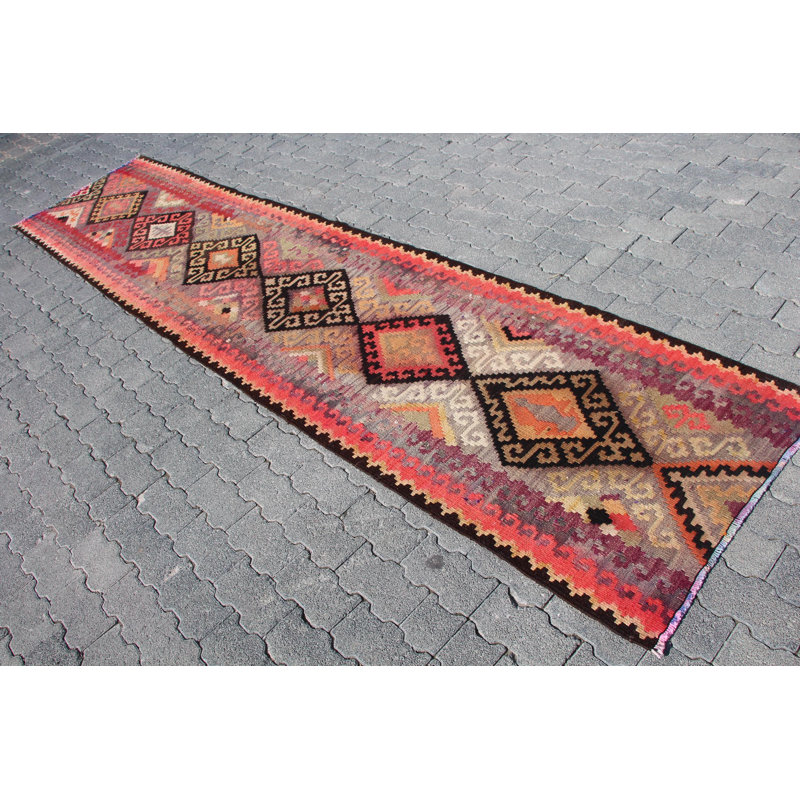 Tapis de couloir rétro Kilim en laine rose luxueuse pour les couloirs - style Herki antique
