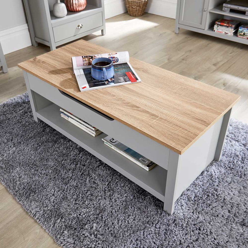 Grey Oak Coffee Table Lift Up Occasional Reception Storage Shelf Avon, Light Grey