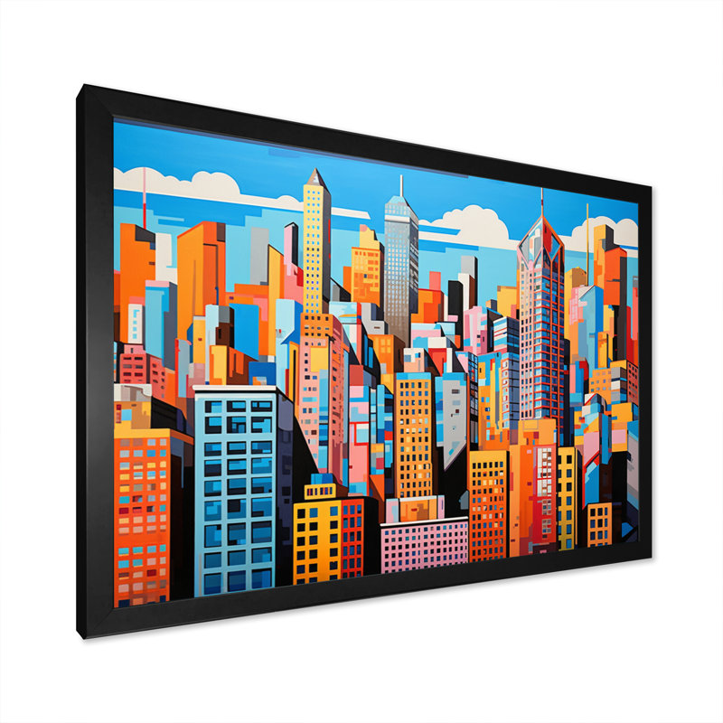 " Pop Art Chicago Cityscape II ", 16" H x 32" W x 1" D, Black Single Picture Framed