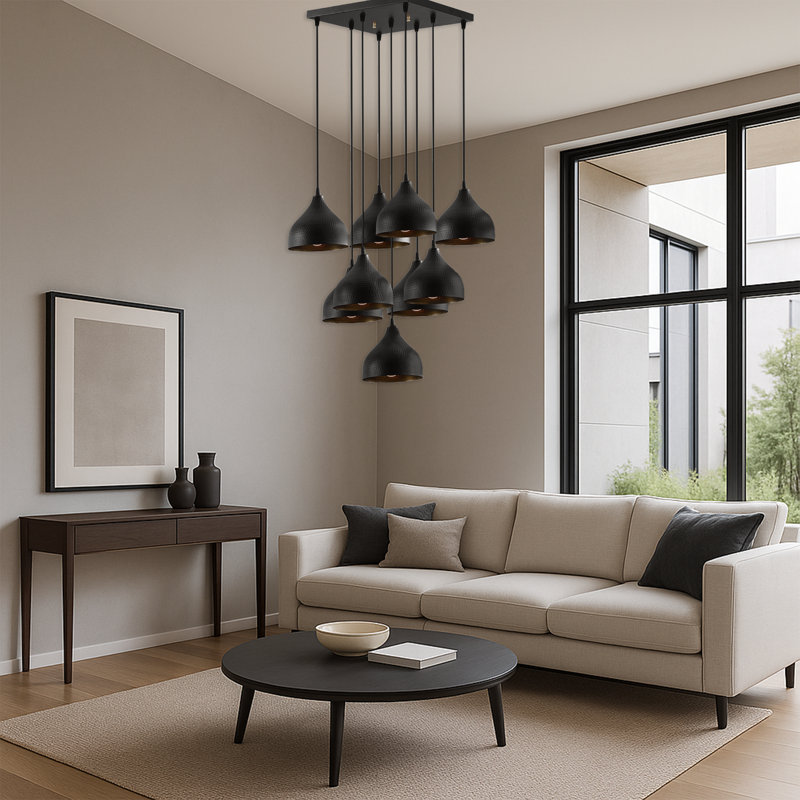 Luminaire suspendu industriel en métal à hauteur réglable 9 lumières, Noir