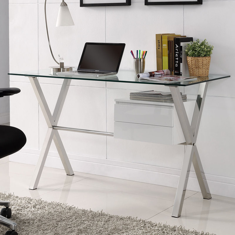 White Glass Top X-Base Office Desk with Drawer