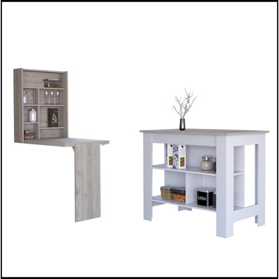 Wilmington 10-Shelf 2-Piece Kitchen Set with Island and Foldable Table, Perfect for Storage and Space Efficiency