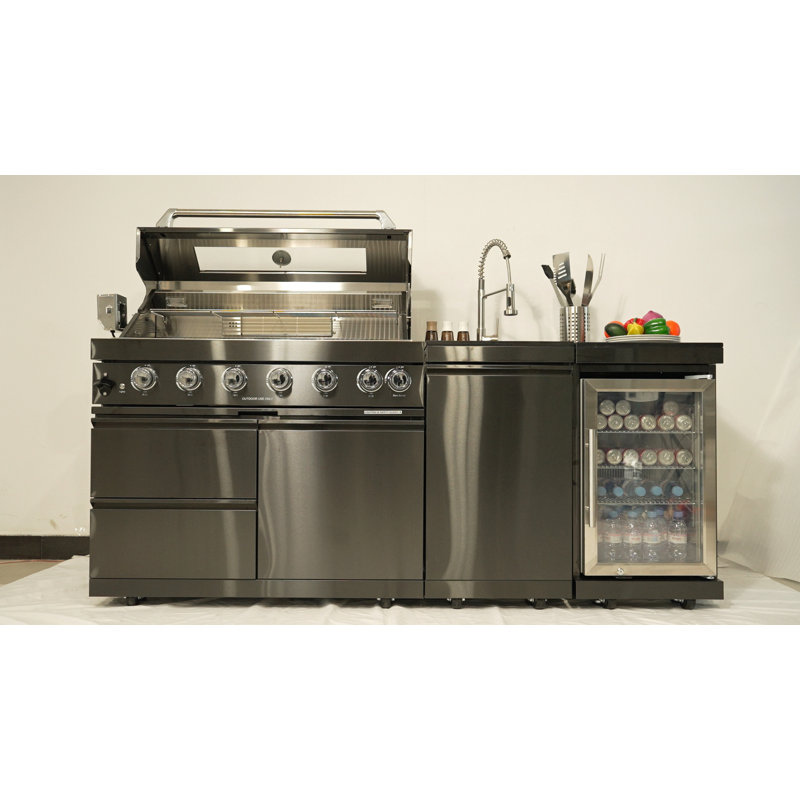 Îlot de cuisine de 43 pouces à 6 brûleurs et 85 000 BTU de cuisine au gaz en acier inoxydable pour barbecue et îlot de cuisine + réfrigérateur à vin compact + ensemble de rôtisserie + comptoirs en granite + évier en acier inoxydable