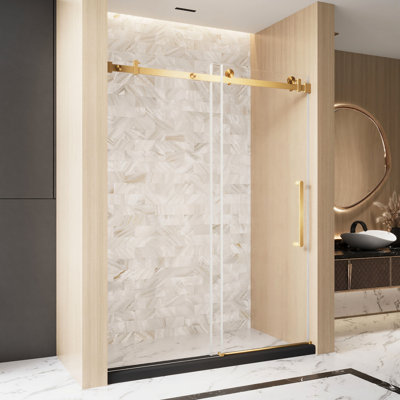 Porte de douche coulissante simple avec verre trempé transparent de 1/4 po de 6 mm, pellicule résistante, poignée en acier inoxydable et rail tubulaire carré, or brossé, style américain pour la salle de bain, grandes roues lisses et faciles