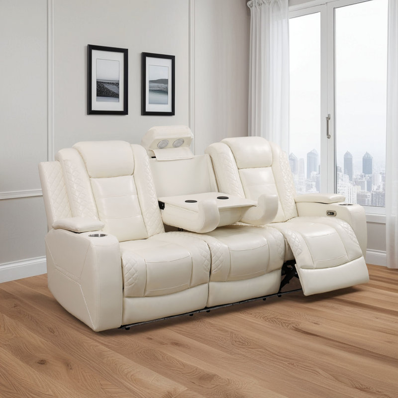 83" Faux Leather Power Reclining Sofa – 3-Seat Sectional With Reading Light, Wireless Charging & LED Lighting, Off-White