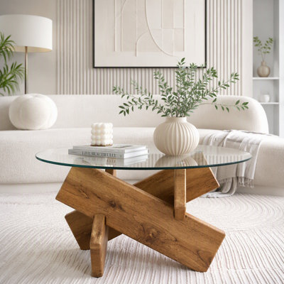 Table basse circulaire en verre, table à thé au design moderne et distinctif de 33,4 pouces