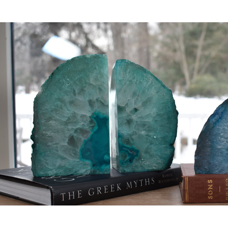 Evelynn Non-Skid Teal Agate Bookends, 6.5" H x 7" W x 3" D