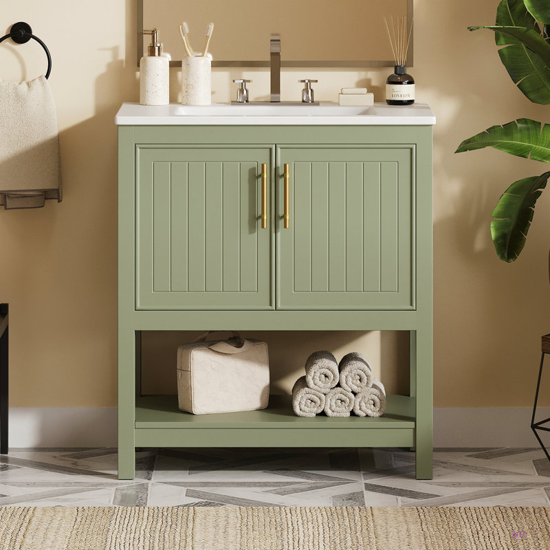 Meuble-lavabo de 30 pouces avec lavabo en céramique et rangement polyvalent - idéal pour les petites salles de bain, Vert