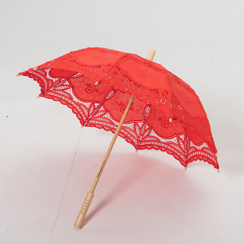 Parasol en dentelle avec poignée en bois, Rouge
