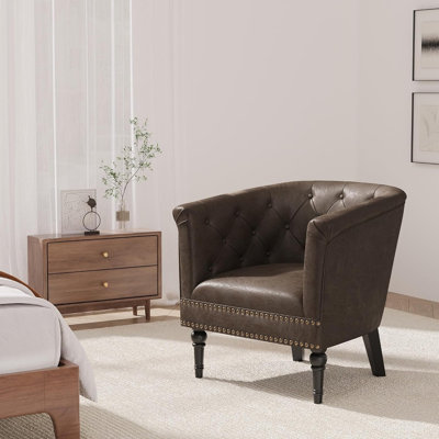 Fauteuil d'appoint demi-tonneau en similicuir, dossier capitonné avec garniture cloutée, fauteuil baquet confortable pour le salon
