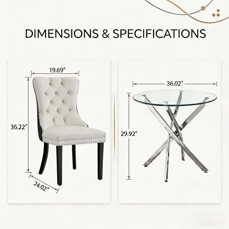 5-Piece Round Glass Table Set With Velvet Chairs – Metal Base, Seats 4, 5 Pieces: Table, 4 Chairs, White/Black, Silver