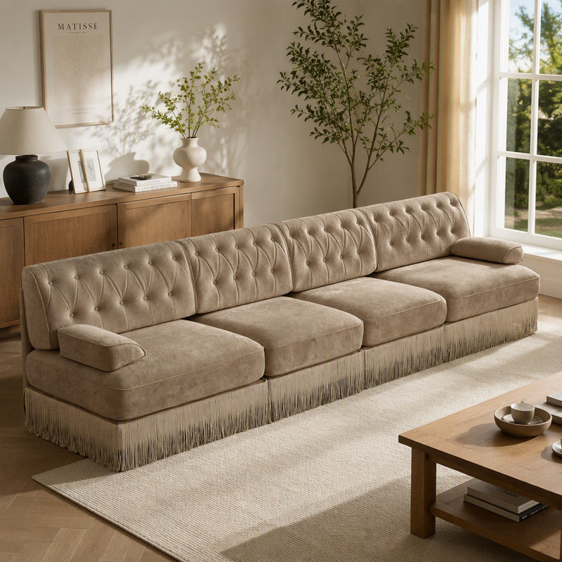 Canapé Chesterfield en velours camel de 343 cm (135 pouces) avec capitonnage à boutons, jupe à pompons et base en bois modulable pour salon
