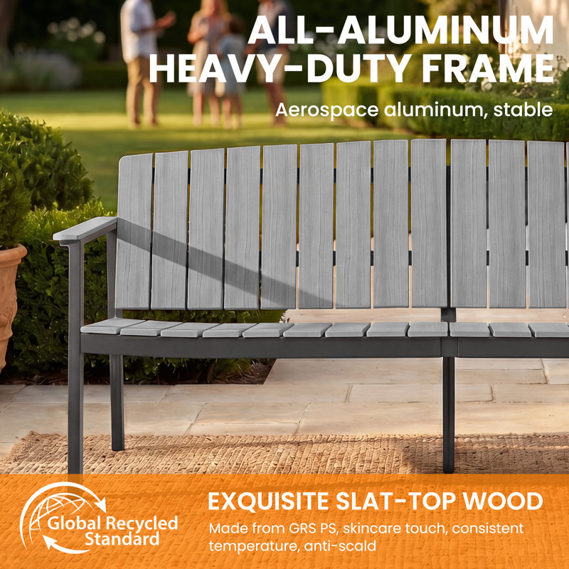  Outdoor Aluminum Sofa, All-Weather Outdoor Seating Sofa Aluminum Frame HDPS Faux Wood, Patio Sofa Couch for Porch, Balcony, Deck, Yard