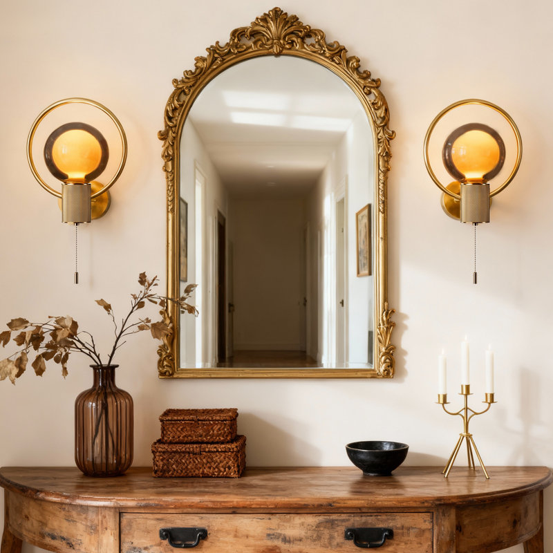 Modern Gold Hardwired Wall Sconce Set of 2, 2 G125 Bulbs Included, Glass Globe Wall Light with Pull Chain Switch, Mid Century Wall Lamp for Bedroom, Living Room, Hallway,