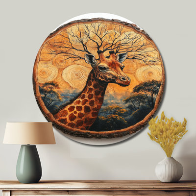 Portrait floral de girafes dans un paysage africain - reproduction de girafe sur un cercle en métal