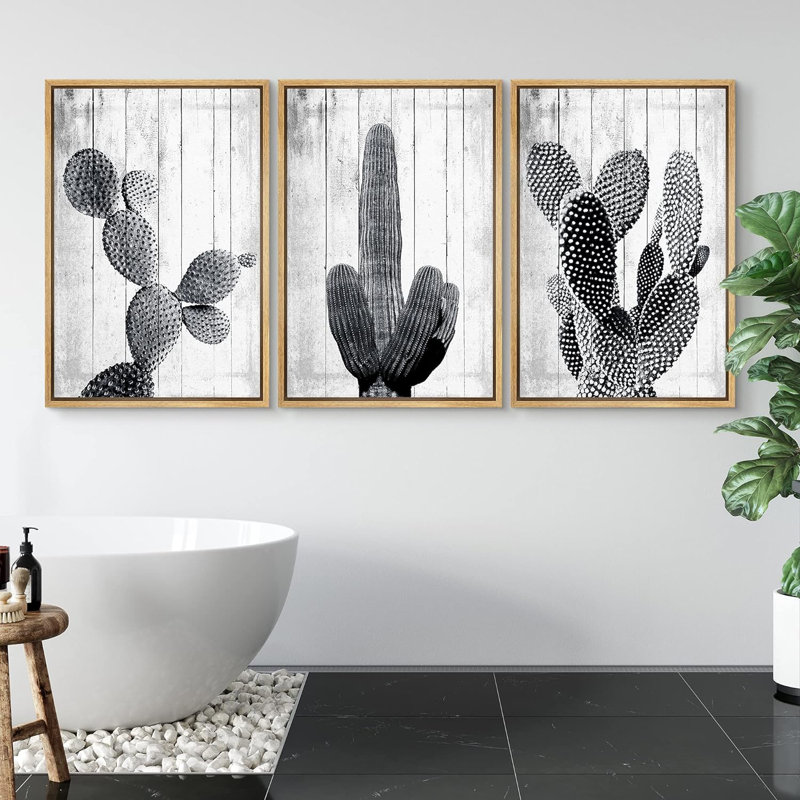 Cactus désert noir et blanc groupes de cactus, impression sur toile, 3 pièces, H 24 po x l 48 po x P 1,5 po, Naturel
