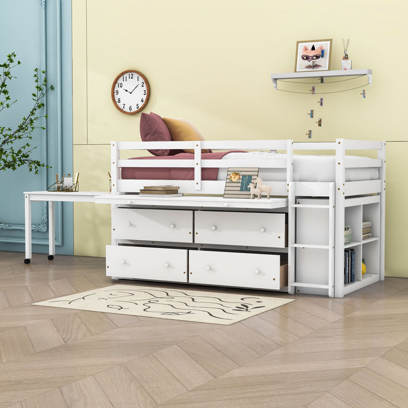 Lit mezzanine en bois 4 tiroirs avec bureau et tablettes Eli Kids, Double, Blanc