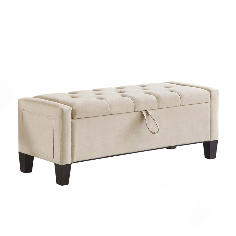 Linen Upholstered Ottoman Bench With Storage And Safety Hinge For Bedroom Living Room, Beige
