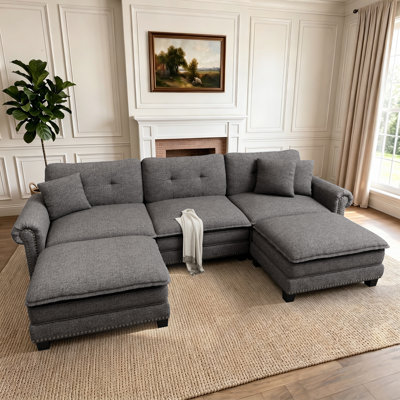 116" Modular Sectional Sofa with 2 Ottomans, Oversized U-Shaped Deep Seat Couch in Linen-Look with Nailhead Trim