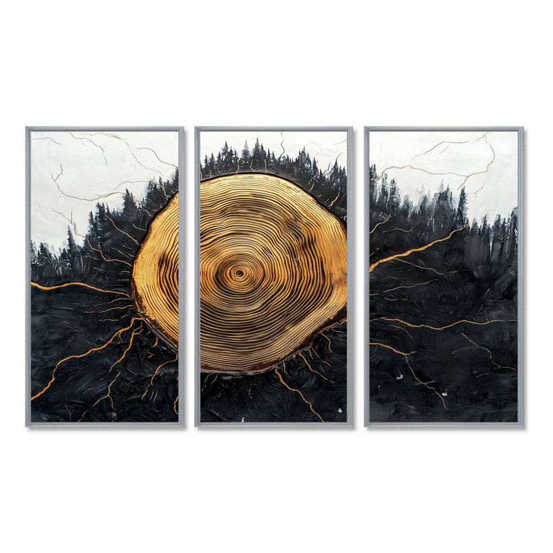 Glace en bois forêt sur cristal onyx noir - décoration murale forêt - 3 pièces, H 28 po x l 36 po, Argent argent