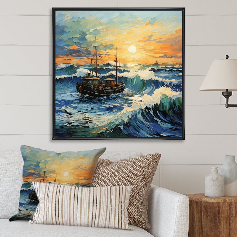 Vangogh paysage marin avec pêche en V, H 30 po x l 30 po x P 1 po, Cadre flottant noir