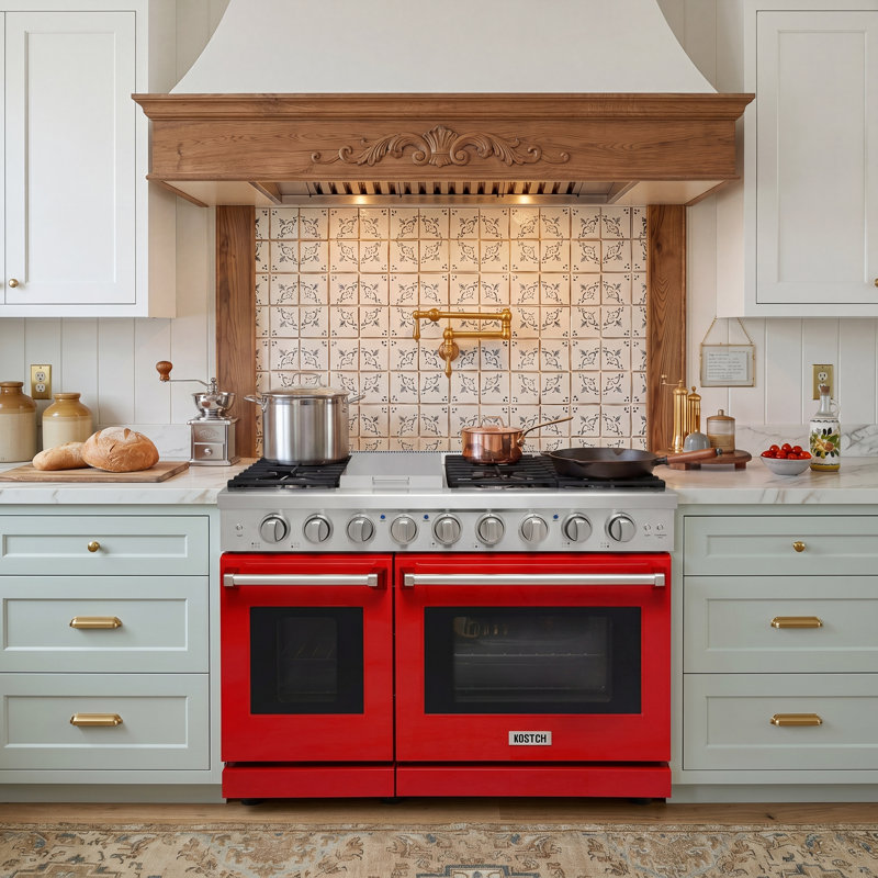 KOSTCH 48" Gas Range with 6 Burners & 1 Griddle Cooktop, Double 4.6 & 2.2 cu. ft. Oven, Red, Liquid Propane