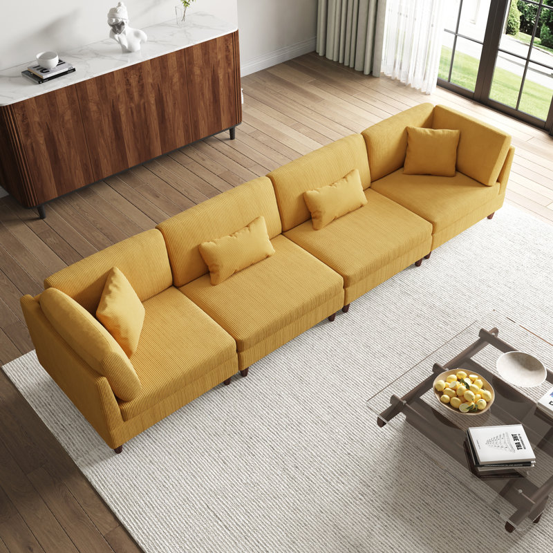 4 - Piece Upholstered Corduroy Modular Sectional with Pillow Back and Solid Wood Legs, Orange Corduroy