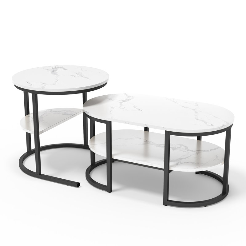 80Cm Modular Coffee Table Set (Set Of 2), Interlocking Round Side Table & Oval Table With Shelf,, Black