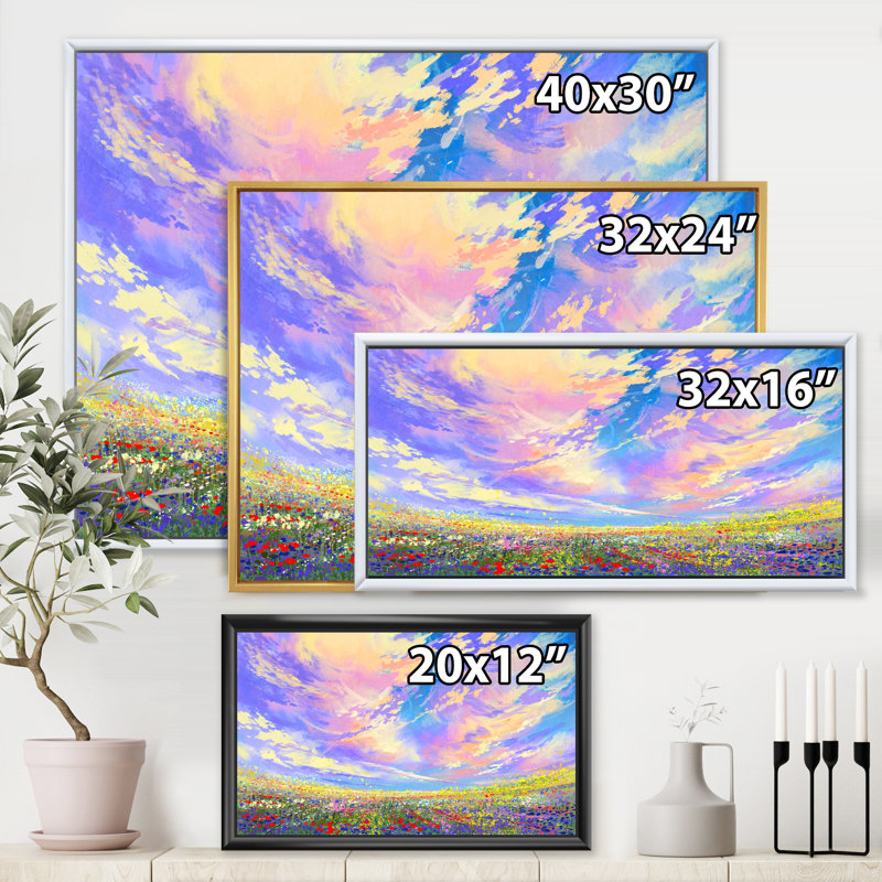 Fleurs colorées dans un champ sous de magnifiques nuages - peinture sur toile, H 24 po x l 32 po x P 1 po
