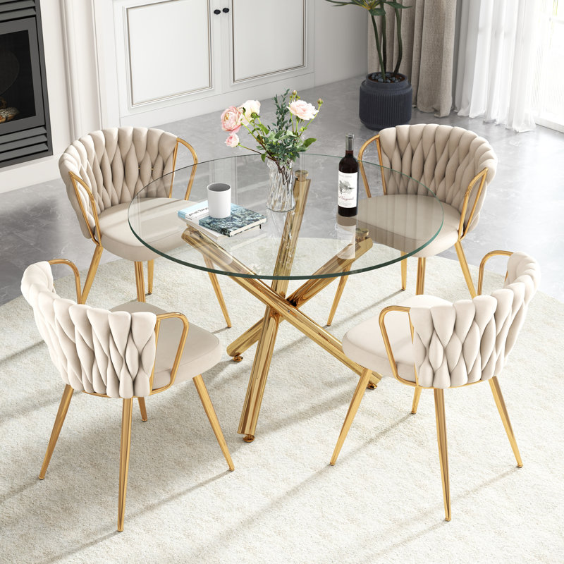 Ensemble de table de salle à manger Elegant, Beige, 5 pièces: table, 4 chaises, Doré