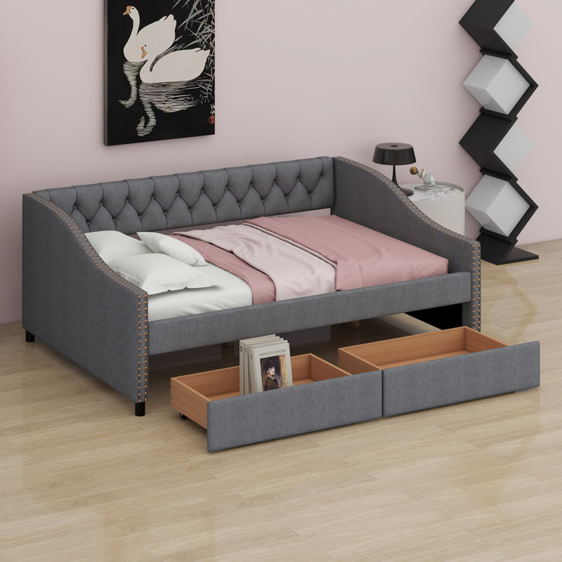 Upholstered Daybed With Drawers, Gray