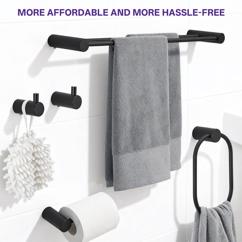 5-Piece Bath Hardware Set With 24 In. Towel Rack, Towel Bar Toilet Paper Holder Towel Ring Towel Hook In Matte Black