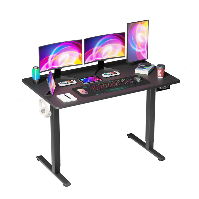 Bureau pour travailler debout électrique 55 po x 24 po, grand bureau d'ordinateur, bureau à hauteur réglable, table d'écriture avec support pour écouteurs, 2 fonctions de mémoire réglables pour le bureau personnel, brun