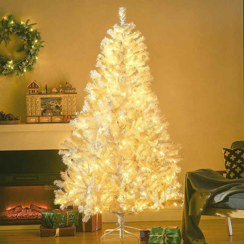 Grand arbre de Noël artificiel HOMcom avec 1518 branches, 500 lumières DEL blanc chaud, ouverture automatique, blanc, 62.8'