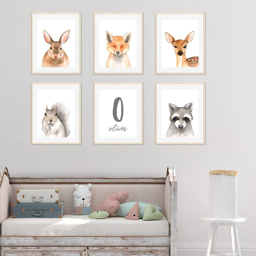 Delaune Personalized Poster Forest Forest Animals Rabbit Fox Deer Hedgehog Raccoon Name 6-Piece Set Paper Print Harriet Bee 