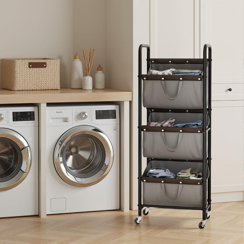 3 Tie Laundry Sorter, Laundry Basket With Wheels, Laundry Room Organization And Storage, 3 Section Rolling Laundry Cart For Dorm, Bathroom, Bedroom, Closet