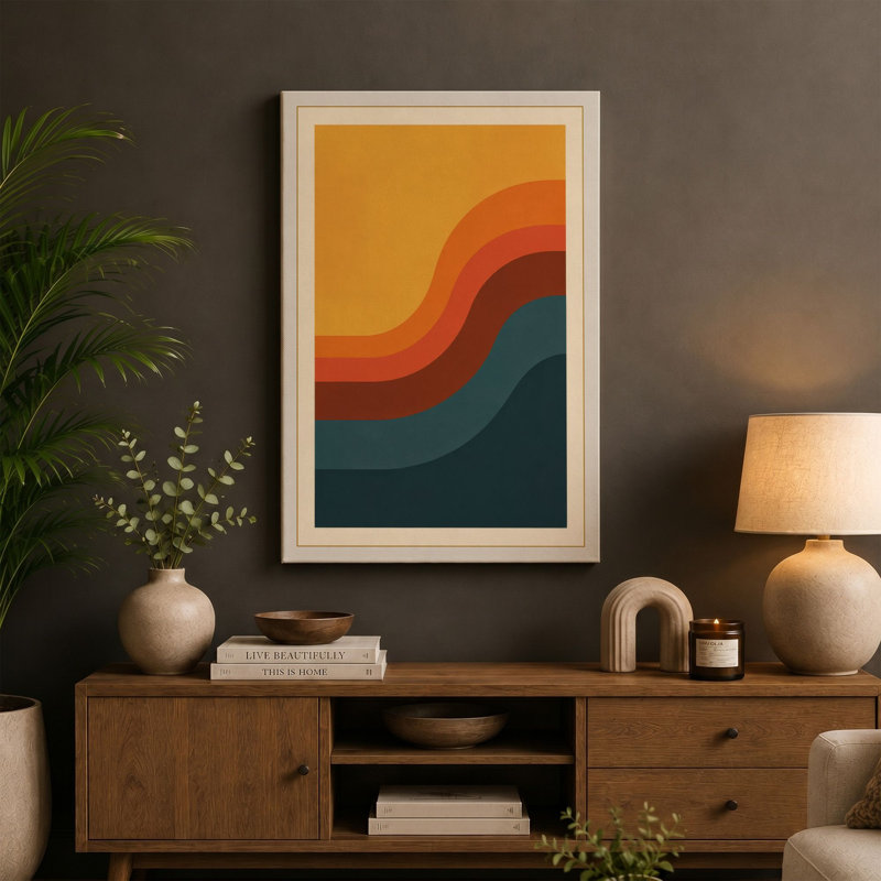 Layered Waves Mid-Century - Wrapped Canvas, 36x24 - 91.4 x 61.0 cm, Terracotta Border