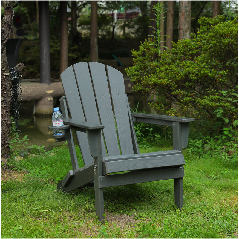 HDPE Folding Adirondack Chair With Dual Cup Holder - Composite Adirondack Chair With Wood Texture, Gray