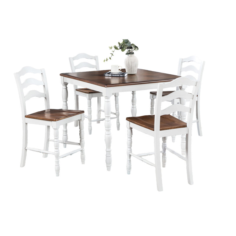 Table de salle à manger 5 pièces à hauteur de comptoir, table en chêne avec 4 chaises à dossier, bois blanc, design pour la cuisine et la pièce