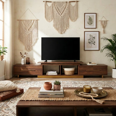 Mid-Century Modern Extendable Walnut TV Stand with Stainless Steel Base, 63.4"-94.5" Adjustable Media Console Fits Up to 100 Inch TV for Living Room