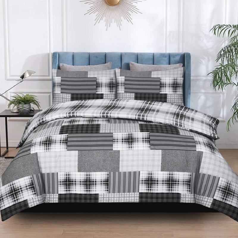 Cotton Blend No Pattern Duvet Cover with Pillowcases, Double Duvet Cover + 2 Standard Pillowcases, Grey Striped