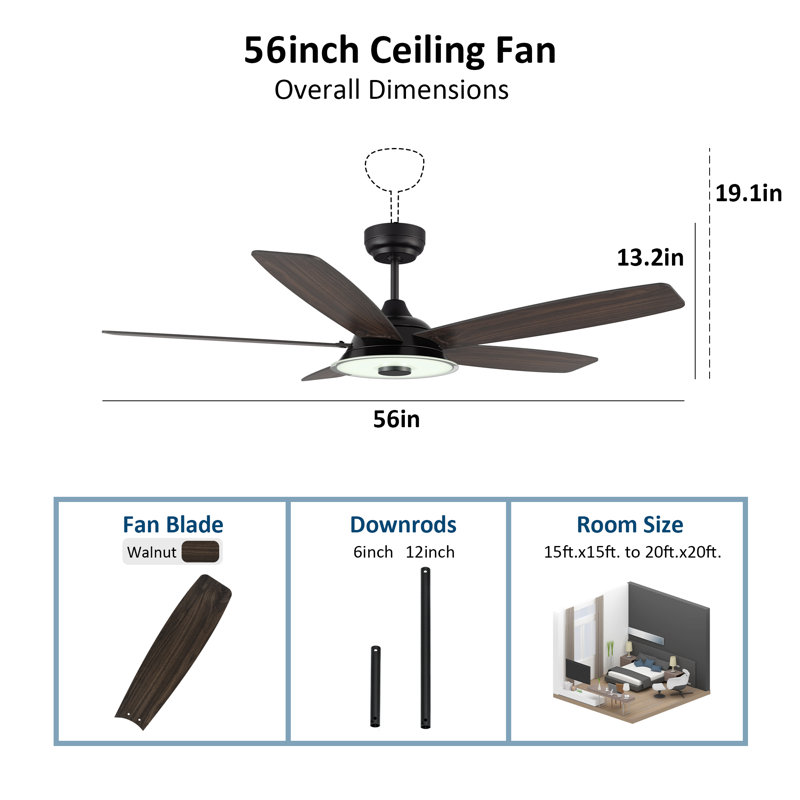 Amonie 56'' Ceiling Fan with LED Lights, Dark Brown, Black