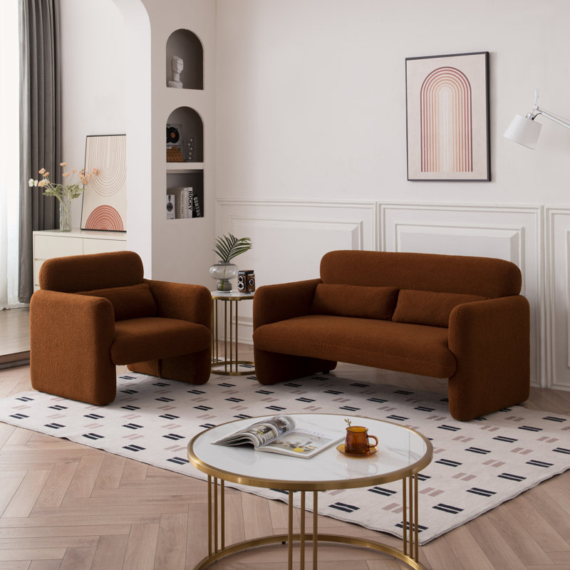 33.86'' Single Sofa and Toss Pillow, Solid Wood Frame 300 Lbs Capacity for Small Spaces, Dark Orange Lamb